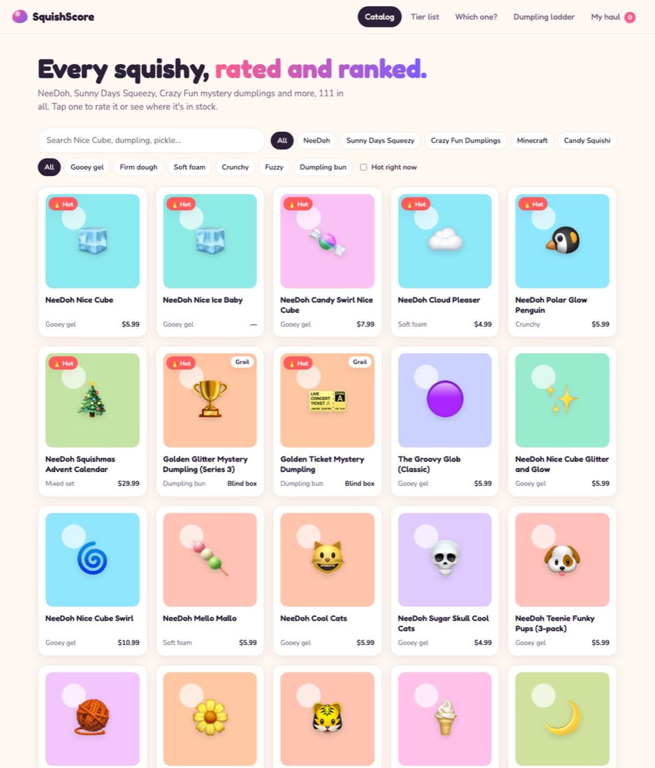The SquishScore homepage showing a catalog of squishy toys